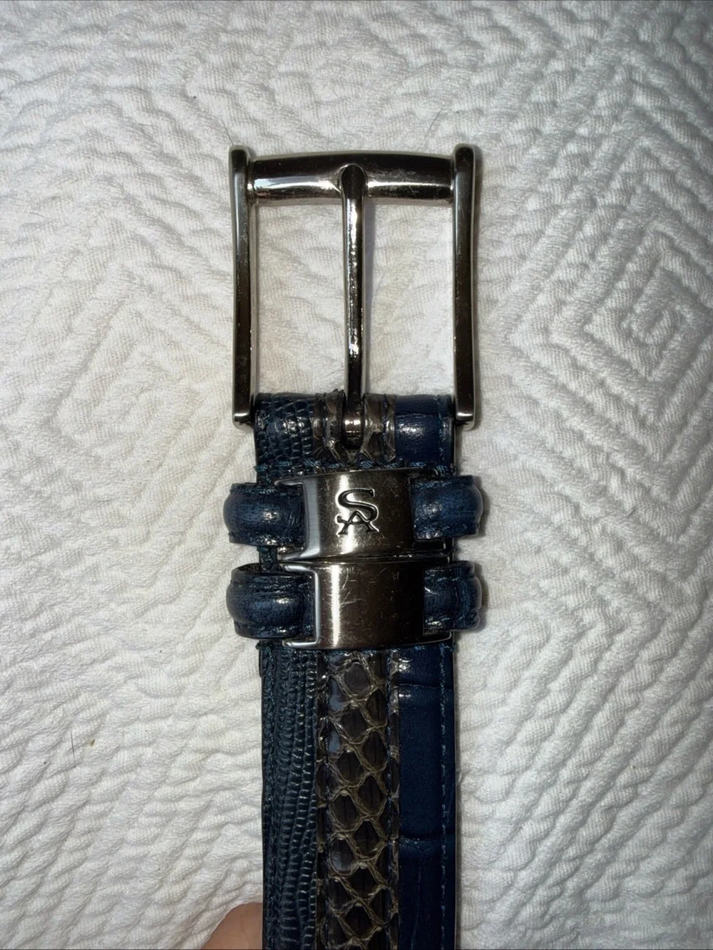 Stacy Adam’s Navy Blue Leather Exotic Textured Snakeskin Inlay Men's Belt